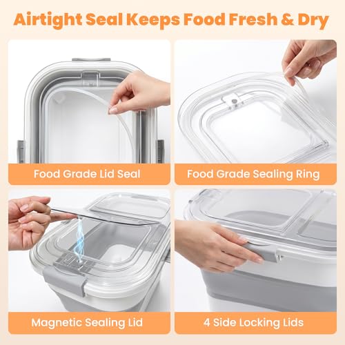 30 Lbs Rice Storage Container with Wheels, Collapsible Airtight Dog Food Storage Container with Transparent Lid, Measuring Cup, Scoop, Handle, BPA Free Rice Holder for Pet Food, Grain, Bird Seed - color: Grey/30lbs