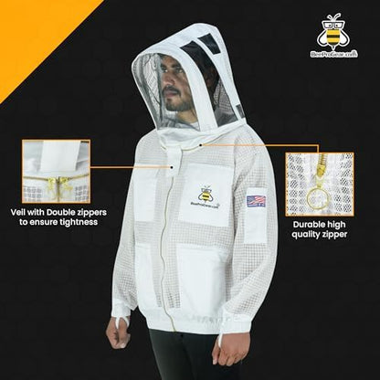 3-Layer Ventilated Mesh Bee Jacket for Men & Women with Veils Sting-Proof Beekeeping Jacket with Leather Gloves & Bag - color: White Fencing Veil, size: 3X-Large