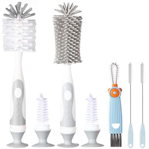 Ariseno 5-in-1 Baby Bottle Cleaner Set, Including Nylon & Silicone Bottle Brush, Cap, Straw & Nipple Brushes, BPA-Free (Grey) - color: Gray-nylon Silicone