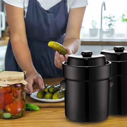 Nuenen 2 Set 1/2 Gallon Fermentation Crock Sauerkraut Crock with Lid Weights & Pounder Ceramic Fermenting Jar Brown Stoneware Pot for Fermenting Pickling Cabbage Sauerkraut Pickles Vegetables