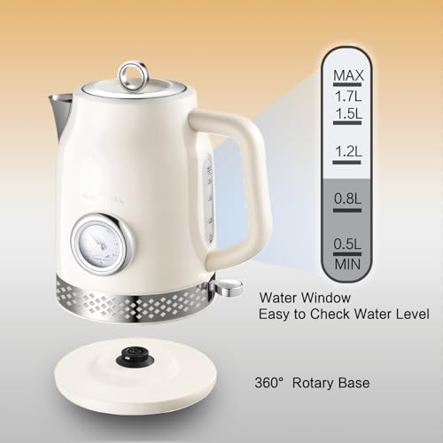 Retro Electric Kettle, 1.7L 304 Stainless Steel Tea Kettle with Temperature Gauge, 1500W Fast Boiling Water Boiler,Auto Shut-Off & Boil-Dry Protection, BPA-Free (Off-white) - color: Off-white