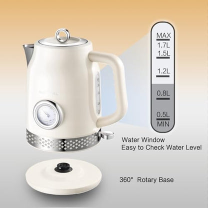 Retro Electric Kettle, 1.7L 304 Stainless Steel Tea Kettle with Temperature Gauge, 1500W Fast Boiling Water Boiler,Auto Shut-Off & Boil-Dry Protection, BPA-Free (Off-white) - color: Off-white