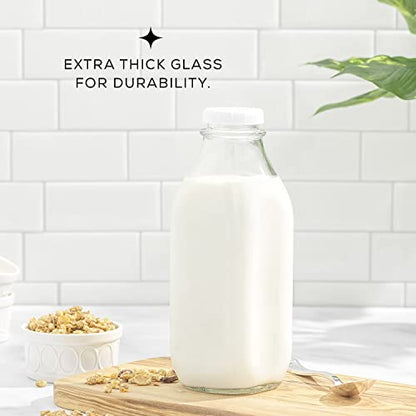 JoyJolt Glass Milk Bottles with Lids and Pourer – 32 Oz, 3 Pack Airtight Heavy Duty Reusable Glass Bottles, Leakproof, BPA-Free, Food Grade, Dishwasher Safe Jug, Pitcher for Milk, Juice, and Water - size: 32 Oz