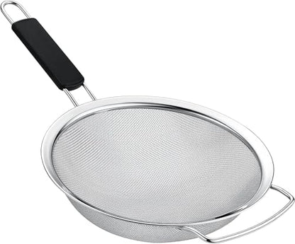 8" Large Fine Mesh Strainer with thermo plastic rubber handle - Sieve Fine Mesh Stainless Steel - Ideal to Strain Pasta, Quinoa and Rice. - size: 8 inch