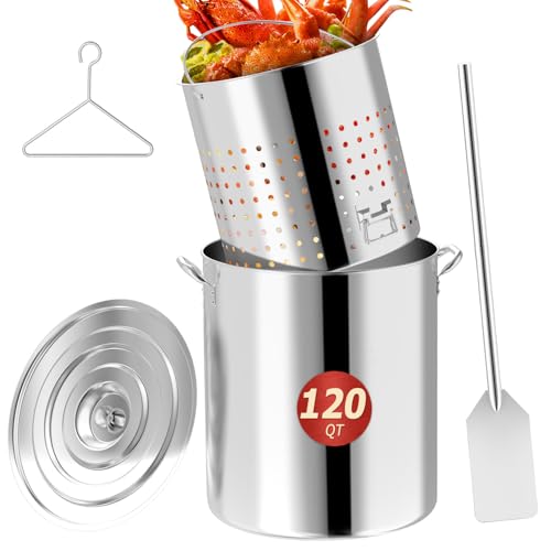 120QT Seafood Boil Pot with Detachable Stirring Paddle, Stainless Steel Stock Pot, Crawfish Boiler with Basket, Lid & Lifting Hook, Perfect for Outdoor Crab, Lobster & Shrimp Boils - style: 120QT+Mixing Paddle