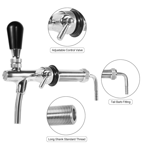 Flow Control Beer Faucet Adjustable Long Shank Keg Tap, Draft Beer Tap Faucet with 5/16'' Barbed Fitting Stainless Steel Core Brass Body Adjustable Beer Keg Tap for Homebrew