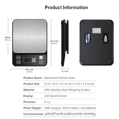 Waterproof Digital Kitchen Scale 0.001oz/0.1g Precision, Stainless Steel Electronic Scale with 3 Power Options (Rechargeable/AAA/Built-in), 10 Units Conversion, Smart Standby, 22lb/10kg Capacity - size: 22lb