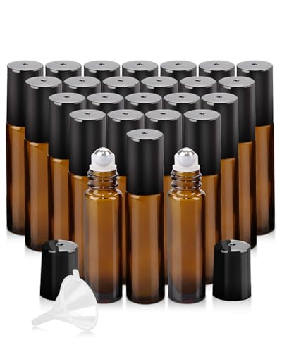 Worldgsb 25 Pack Essential Oil Roller Bottles, 10ml Refillable Amber Glass Roller Bottles with Stainless Steel Roller Balls and Caps for Travel, Perfume and Lip Gloss - color: Amber, style: 25 Pack