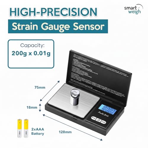 Smart Weigh Precision Digital Gram Scale (200g x 0.01g) – 7 Units (g, oz, ozt, DWT, ct, gn, tl) – Portable Pocket Design for Jewelry, Gems, and Food – Tare Function & Backlit LCD – Battery Included - size: 200g / 0.01g