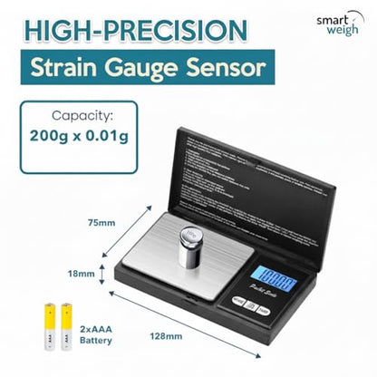 Smart Weigh Precision Digital Gram Scale (200g x 0.01g) – 7 Units (g, oz, ozt, DWT, ct, gn, tl) – Portable Pocket Design for Jewelry, Gems, and Food – Tare Function & Backlit LCD – Battery Included - size: 200g / 0.01g