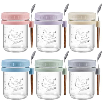 6 Pack Overnight Oats Containers with Lids and Spoons, 16 oz Glass Mason Overnight Oats Jars, Large Capacity Airtight Jars for Milk, Cereal, Fruit - color: 6 colors