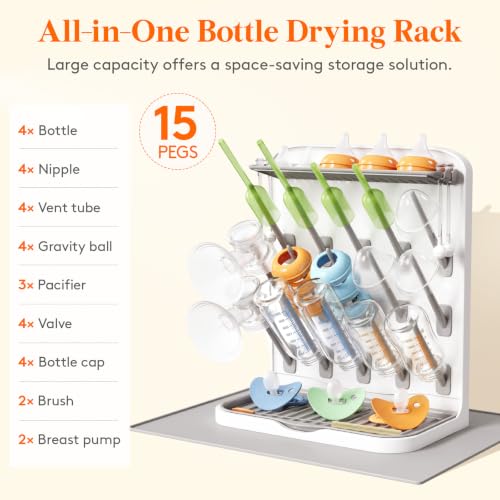 Lifewit Large Baby Bottle Drying Rack with Drain Mat & 15 Hooks, Newborn Essentials Must Haves, Bottle Storage Organizer for Countertop, Cabinet, Rack Dryer Holder for Pacifiers, Pump Parts - size: Large-15 Hooks
