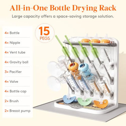 Lifewit Large Baby Bottle Drying Rack with Drain Mat & 15 Hooks, Newborn Essentials Must Haves, Bottle Storage Organizer for Countertop, Cabinet, Rack Dryer Holder for Pacifiers, Pump Parts - size: Large-15 Hooks