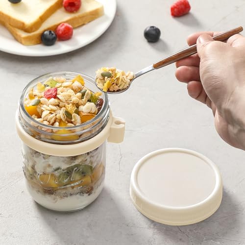 6 Pack Overnight Oats Containers with Lids and Spoons, 16 oz Glass Mason Overnight Oats Jars, Large Capacity Airtight Jars for Milk, Cereal, Fruit(Beige） - color: Beige