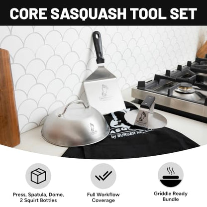 Sasquash Burger Press Kit, 5 Piece Smash Burger Set, Smash Burger Press, Spatula, Melting Dome and 2 Squirt Bottles for Griddle and Grill, Stainless Steel, Kitchen Gadgets, Grilling Accessories - size: Combo