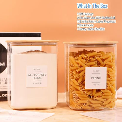 2 Pack Square Glass Flour and Sugar Containers with 132 Kitchen Pantry Labels - Thicken 120 FL OZ Large Glass Storage Jars with Airtight Bamboo Lid - Big Food Canisters for Cookies, Rice, Coffee - size: 120OZ