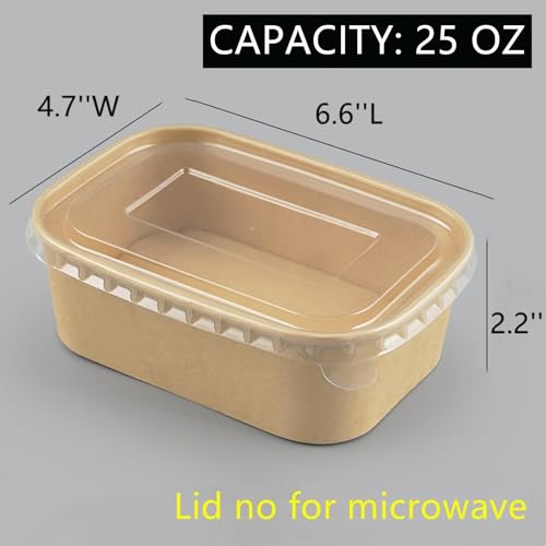 50 Pack 25oz Paper Meal Prep Containers with Lids, Disposable Kraft Food Containers, Stackable Oil-Proof Takeout Salad Bowls for Meal Prep, Picnic, Party Supplies, Microwave Freezer Safe