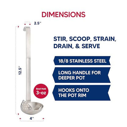 HIC Kitchen Oval Straining Ladle with Spout, 18/8 Stainless Steel, Stir, Scoop, Strain, Drain, and Serve, 3-Ounce Capacity - style: 2-in-1 Straining Ladle