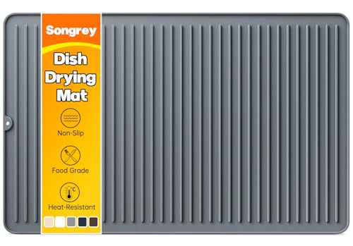 Songrey 28" x 18" Silicone Dish Drying Mat, Kitchen Counter Drying Pad for Sink Dishes or Under Rack, Multi-Use as Heat Resistant Trivet, Coffee Bar Mat - color: Dark Gray, size: 28" x 18"
