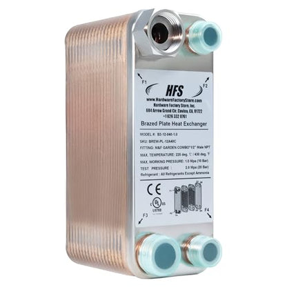 HFS(R) 40-Plate Stainless Steel 304 Homebrew Beer Wort Chiller Heat Exchanger, 7.5" x 2.9", M&F GARDEN COMBO x 1/2" MALE NPT, Quick Beer Cooling System (7.5'' 2.9''/40 plate, MF Combo x 1/2" NPT) - size: 7.5'' 2.9''/40 plate, MF Combo x 1/2" NPT