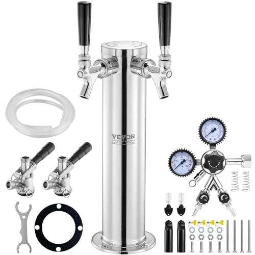 VEVOR Kegerator Tower Kit, Dual Taps Beer Conversion Kit, Stainless Steel Keg Beer Tower Dispenser with Dual Gauge CGA320 Regulator & D-System Keg Coupler, Self-Closing Spring for Party Bar Home - style: Dual Faucets Beer Tower