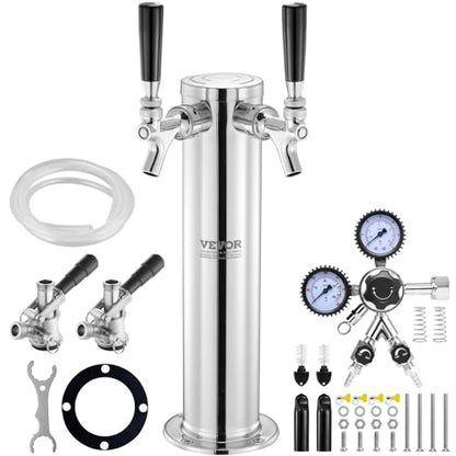 VEVOR Kegerator Tower Kit, Dual Taps Beer Conversion Kit, Stainless Steel Keg Beer Tower Dispenser with Dual Gauge CGA320 Regulator & D-System Keg Coupler, Self-Closing Spring for Party Bar Home - style: Dual Faucets Beer Tower