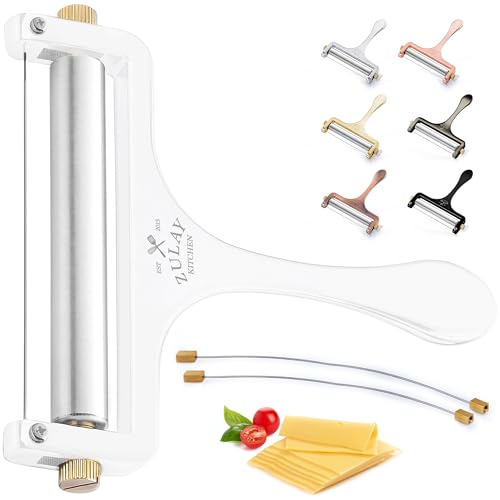 Zulay Kitchen Stainless Steel Wire Cheese Slicer - Adjustable Hand Held Cheese Cutter with 2 Extra Wires - Premium Cheese Shaver For Mozzarella, Cheddar, Gruyere - Cheese Cutter with Wire (White) - color: Frosted White