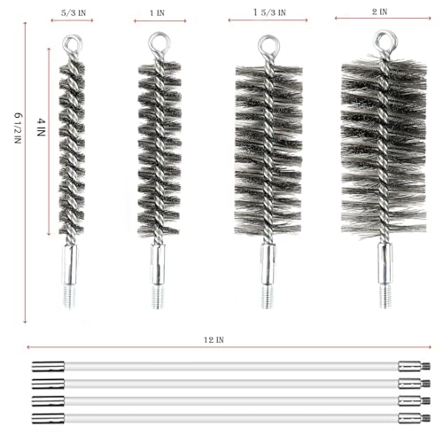 50 in Pipe Cleaning Brush Set with Stainless Steel Bristles, Wire Brush with 4 Flexible Rods, Stainless Steel Pipe Brush 4pcs for Auto Parts, Bottles, Tubes. (3/5, 1, 1 3/5, 2 in Brush Heads)