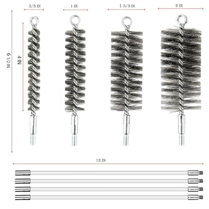 50 in Pipe Cleaning Brush Set with Stainless Steel Bristles, Wire Brush with 4 Flexible Rods, Stainless Steel Pipe Brush 4pcs for Auto Parts, Bottles, Tubes. (3/5, 1, 1 3/5, 2 in Brush Heads)