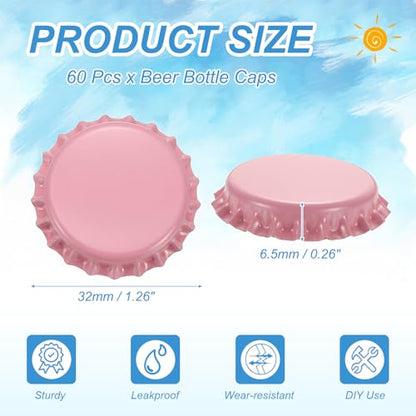 uxcell 60 Pcs Oxygen Absorbing Beer Bottle Caps, 32mm Pry Off Bulk Crown Caps Bottle Toppers for Soda Beer Wine Glass Bottles Home Brewing DIY Pendants or Craft Scrapbooks, Pink - color: Pink