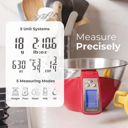 Fradel Digital Kitchen Food Scale with Bowl - 11lb, Grams & Ounces - Removable, Dishwasher-Safe Mixing Bowl - Red - color: Red