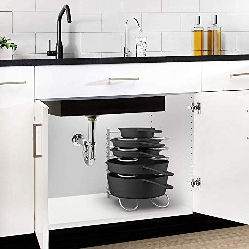 CAXXA Heavy Duty Pan Rack, Pot Lid Rack, Kitchen Cabinet Pantry Cookware Organizer Rack Holder with 5 Adjustable Dividers, Chrome