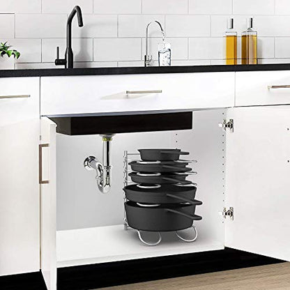 CAXXA Heavy Duty Pan Rack, Pot Lid Rack, Kitchen Cabinet Pantry Cookware Organizer Rack Holder with 5 Adjustable Dividers, Chrome
