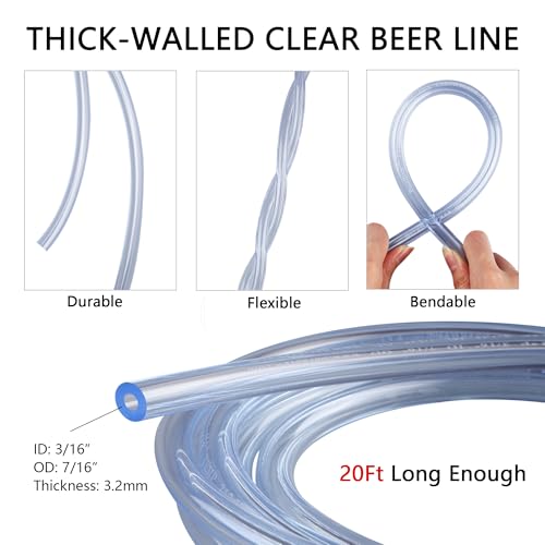 20FT Beer Line Tubing Draft Beer Keg Faucet Tubing 3/16" ID 7/16" OD Clear Vinyl PVC Line with 4PCS Hose Clamps Good Grade Hose for Ball Lock, Keg Regulator, Wine Making by GWENBHMTOOL - color: Clear