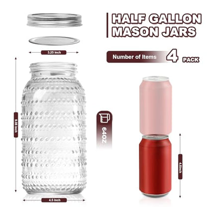Wide Mouth Mason Jars 64 oz, 4 Pack Large Half Gallon Mason Jars with Lids, Glass Canning Jars for Fermenting, Pickling, Storing Food, Meal Prep, Salad Jam