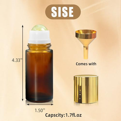 Citrine Crystal Roller Bottles for Essential Oils, 50ml Refillable Amber Glass Roll On Bottles with Natural Crystal Roller Balls, Leak-Proof Travel Perfume Bottle with Gold Caps - color: Yellow