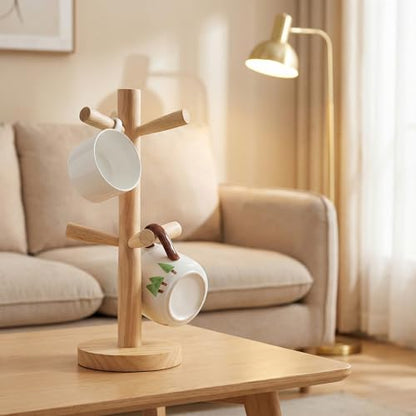 Elandy Wooden Mug Holder Tree with 6 Hooks Mug Stand Mug Rack Coffee Cup Holder Mug Hanger Tea Coffee Bar Organizer for Kitchen Counter and Display Dinnerware Storage