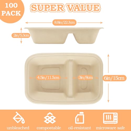 ABuff 100 Pack 2 Compartment Paper Bowls Chip Dip, Nacho Cheese and Salsa, 26 Oz Compostable Food Containers Bagasse Bowls, Biodegradable Meal Prep Food Storage Deli Container for Hot/Cold Foodd