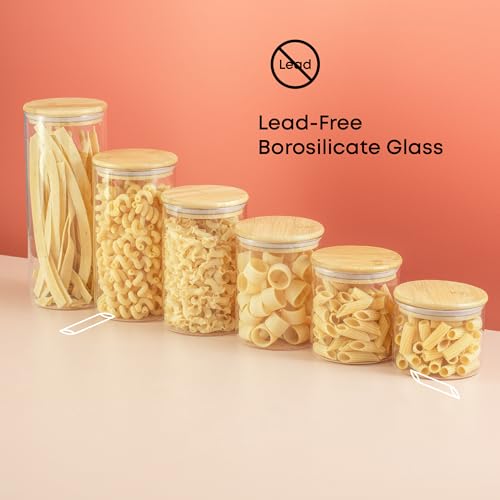 JoyJolt Borosilicate Glass Jars With Bamboo Lids. 6 Pc Set of Air Tight Sealable Containers. Food Jar Canisters with Airtight Lid for Pantry Storage and Kitchen Organization. - style: Bamboo Covers