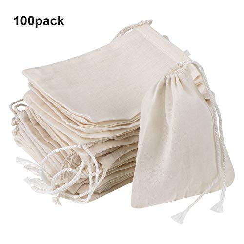 Pangda 100 Pieces 4 x 3 Inches Muslin Cotton Drawstring Bags Small Cheese Cloth Reusable Sachet Bag for Storage Spices Teas Soaps Candy Jewellery Party Home Supplies (4 x 3 Inches) - size: 1 count (Pack of 100)
