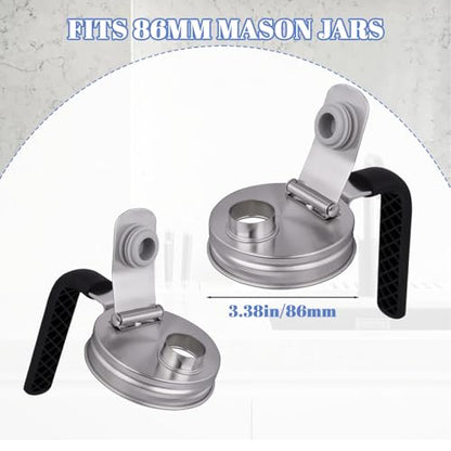 2 Pack Mason Jar Lids Stainless Steel Mason Jar Pour Spout Lid Regular Mouth with Handle Flip Cap Airtight Handle Lid,Canning Supplies. Leak Proof Seal Cover Easy To Open (86MM) - size: 86MM