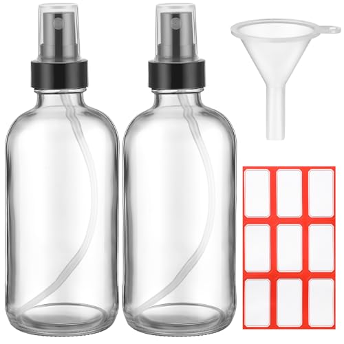 Fumete 2 Pack Glass Bottles 4oz Empty Refillable Liquid Containers with 1 Label 1 Funnel for Essential Oils Hair Travel Plants Cleaning Skin Care(Clear, Black Top,Mist Bottle) - color: Clear, Black Top, style: Mist Bottle