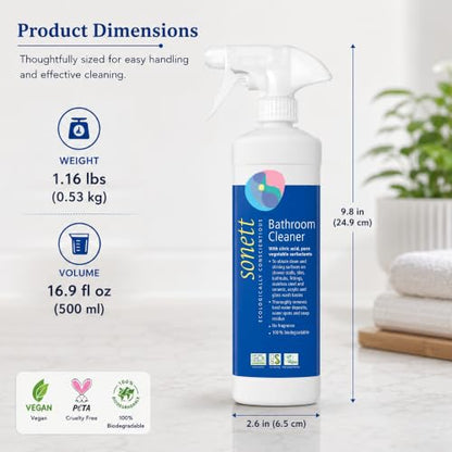 Sonett Organic Bathroom & Shower Cleaner Spray Removes lime scale deposits in hard-to-reach places and cleans fittings, stainless steel, floor tiles and shower walls (17 fl. oz. Pack of 6)