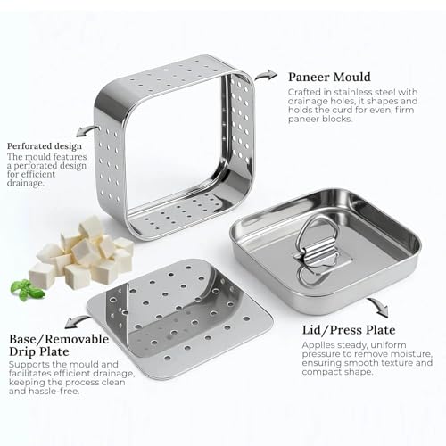 Stainless Steel Square Shape Paneer/Tofu/Cheese Maker/Mould Machine Hard Presse Mold KIt For Paneer/Cheese Making (350ml)