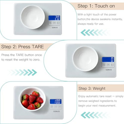 AZEUS Food Scale with USB Rechargeable, Digital Kitchen Scale with 6 Units, High Precision to 0.04 oz /11lbs Capacity, Weight Range from 3g-5000g - color: White
