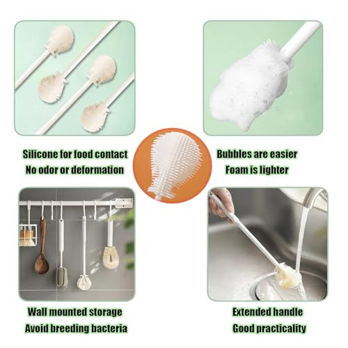 Foldable 360 ° Long Handled Water Bottle Brush, Suitable for Soft bristled Silicone Brushes for Narrow mouthed Bottles, Water Bottles, and Thermos Bottles（3pcs）
