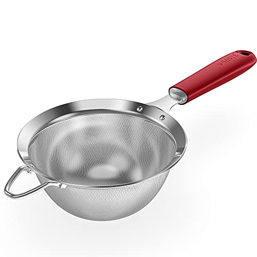 18/8 Stainless Steel Mesh Strainer: U-Taste 5.5 Inch Kitchen Fine Mesh Sieve Food Colander with Riveted Sturdy Silicone Handle and 30 Mesh Hole for Straining Flour, Pasta, Fruit, Quinoa (Red) - color: (4) Red, size: Medium (5.5 x 13 in)