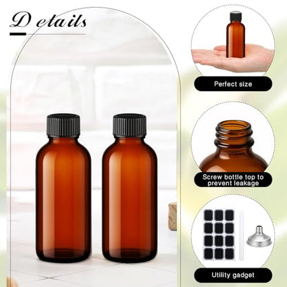 Hsei 100 Pcs 1 oz Amber Glass Boston Round Bottles with Black Cap Brown Sample Bottle Small Glass Containers with Lids and Funnel Chalk Labels Pen for Vanilla Extract Essential Oils - size: 1 oz