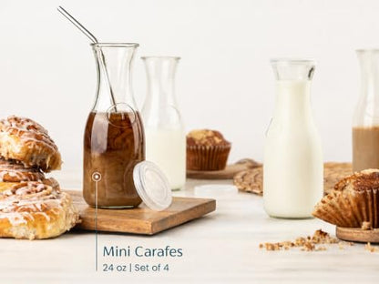 Kook Mini Glass Carafes with Lids, Small Beverage Pitchers for Fridge, Jugs for Water, Wine, Milk, Juice, 24 oz, Set of 4 - color: Set of 4, 24oz (Mini)