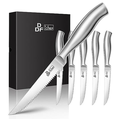 DDF iohEF Steak Knife Set, 6 Piece Steak Knife, High Carbon Japanese Stainless Steel Serrated Steak Knives - color: 6PCS Steak Knives